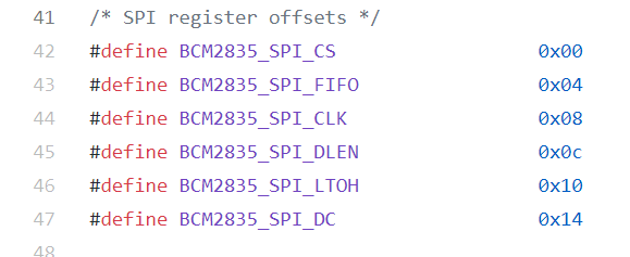 SPI register offsets in BCM2835 source