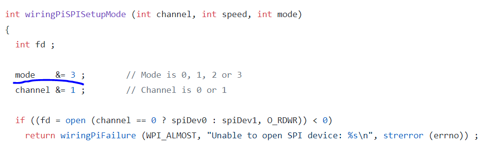 Source code for wiringPiSPISetupMode